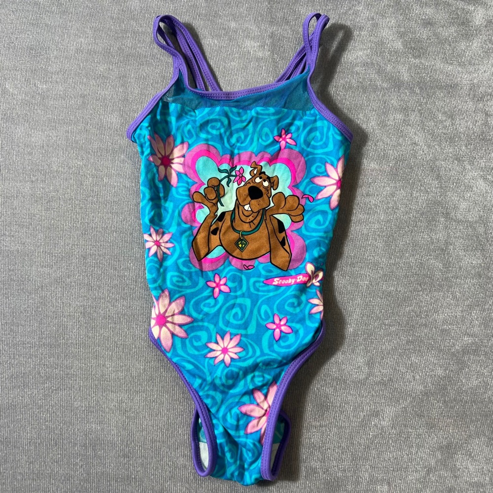 Scooby-Doo Girls One Piece Swimsuit Teal Purple Floral Cartoon Network Size 7/8